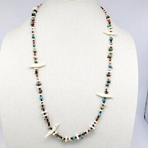 Vintage Fetish Necklace Carved Bovine Bone Birds Turquoise Spiny Oyster Sterling